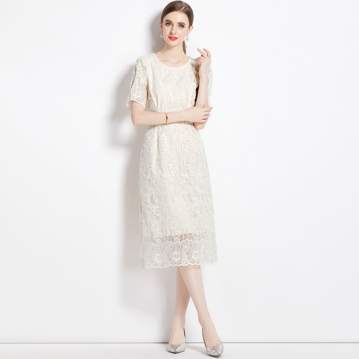 French Waist Wrapped White Lace Dress Slim Embroidered Mid length Dress HL9075073