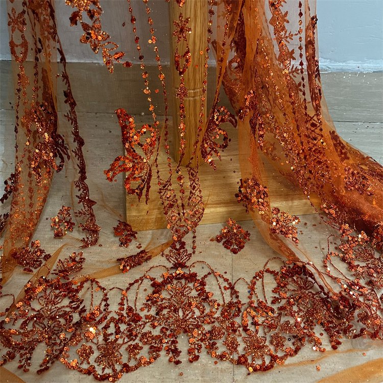 Hot Sales Orange Glitter Lace Sequin Net Embroidery Fabric For Evening Dress
