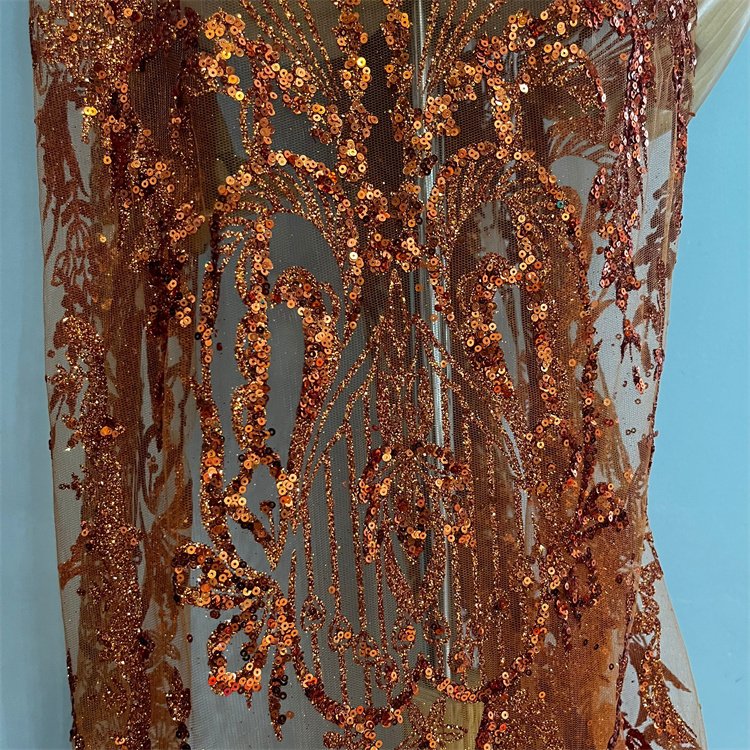 Hot Sales Orange Glitter Lace Sequin Net Embroidery Fabric For Evening Dress