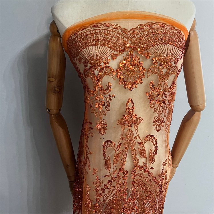 Hot Sales Orange Glitter Lace Sequin Net Embroidery Fabric For Evening Dress