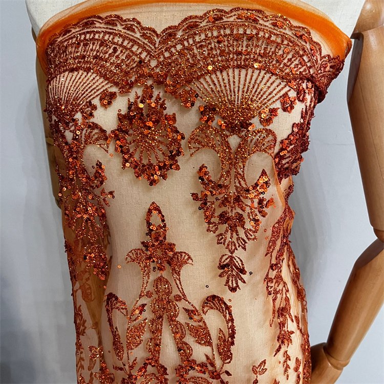 Hot Sales Orange Glitter Lace Sequin Net Embroidery Fabric For Evening Dress