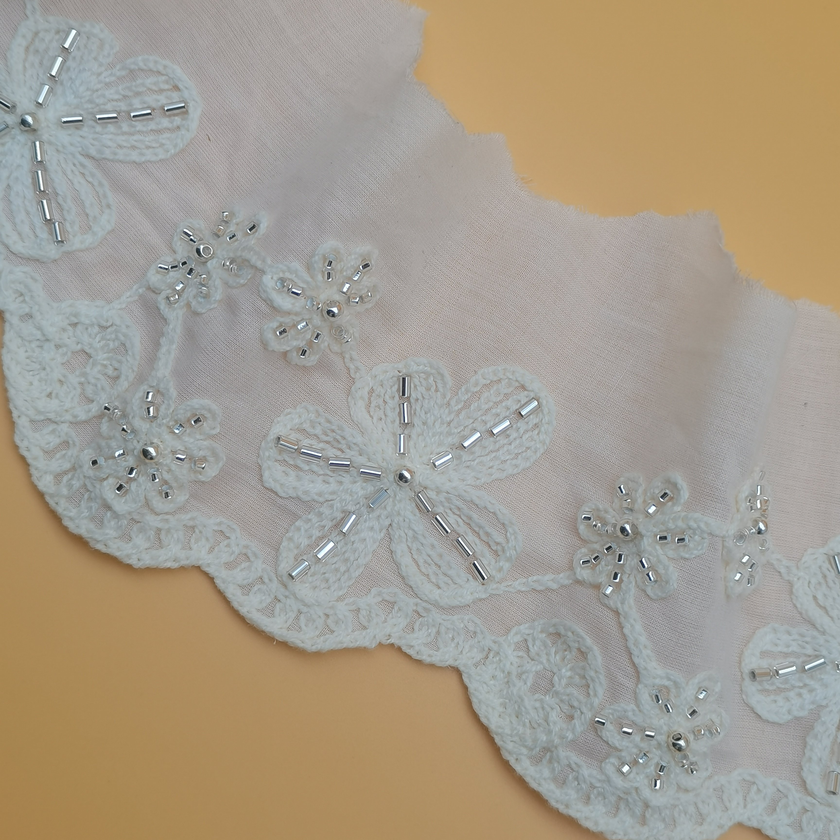 100% Cotton Elegant Beaded Lace Embroidery Fabric Customizable Kerchief & Clothes Trim for Dresses Shoes Bags