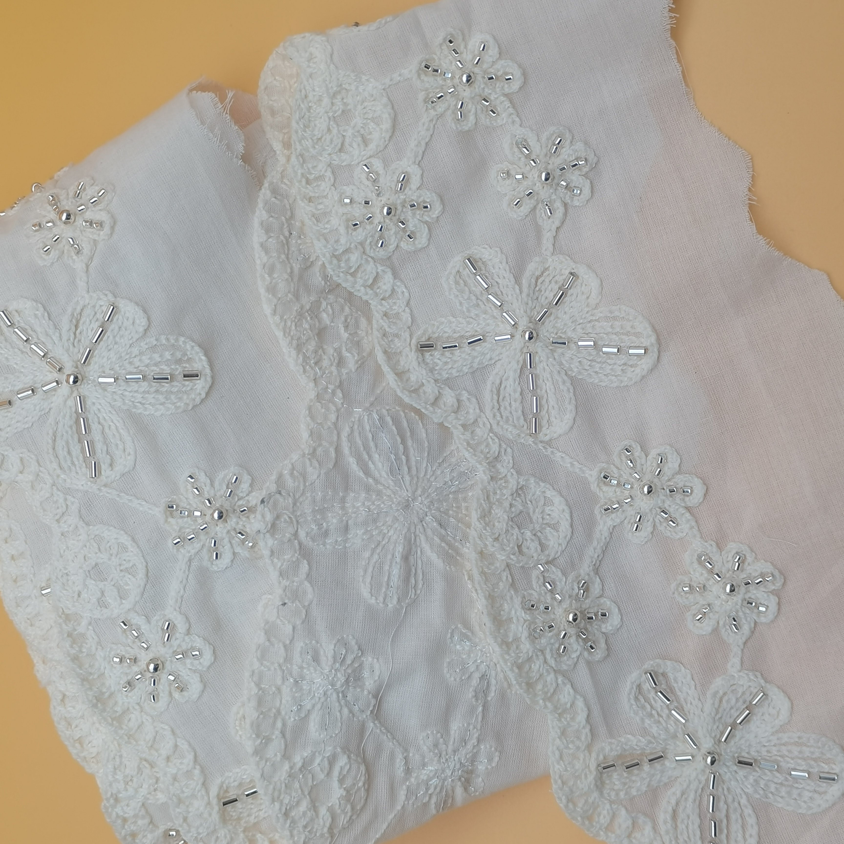 100% Cotton Elegant Beaded Lace Embroidery Fabric Customizable Kerchief & Clothes Trim for Dresses Shoes Bags