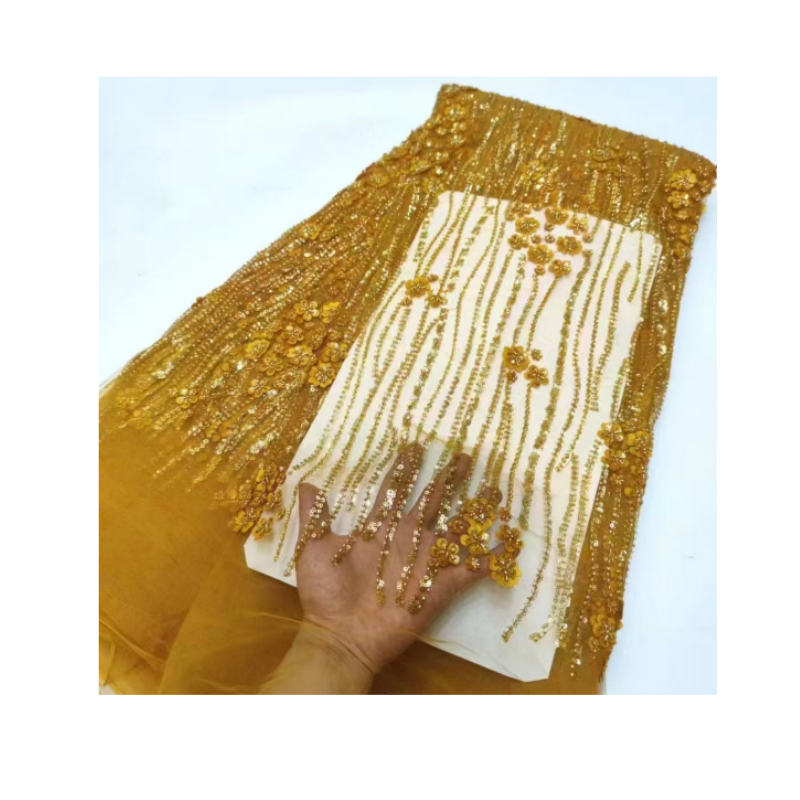 Top-quality Golden Embroidery Lace With Heavy Beads and Sequins 3D Flower Pearls Beaded Lace Fabrics For European Style Dress
