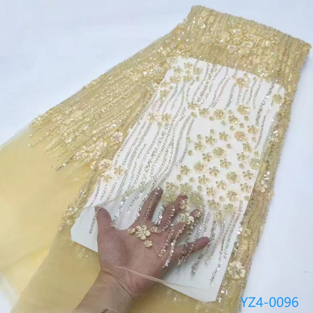 Top-quality Golden Embroidery Lace With Heavy Beads and Sequins 3D Flower Pearls Beaded Lace Fabrics For European Style Dress