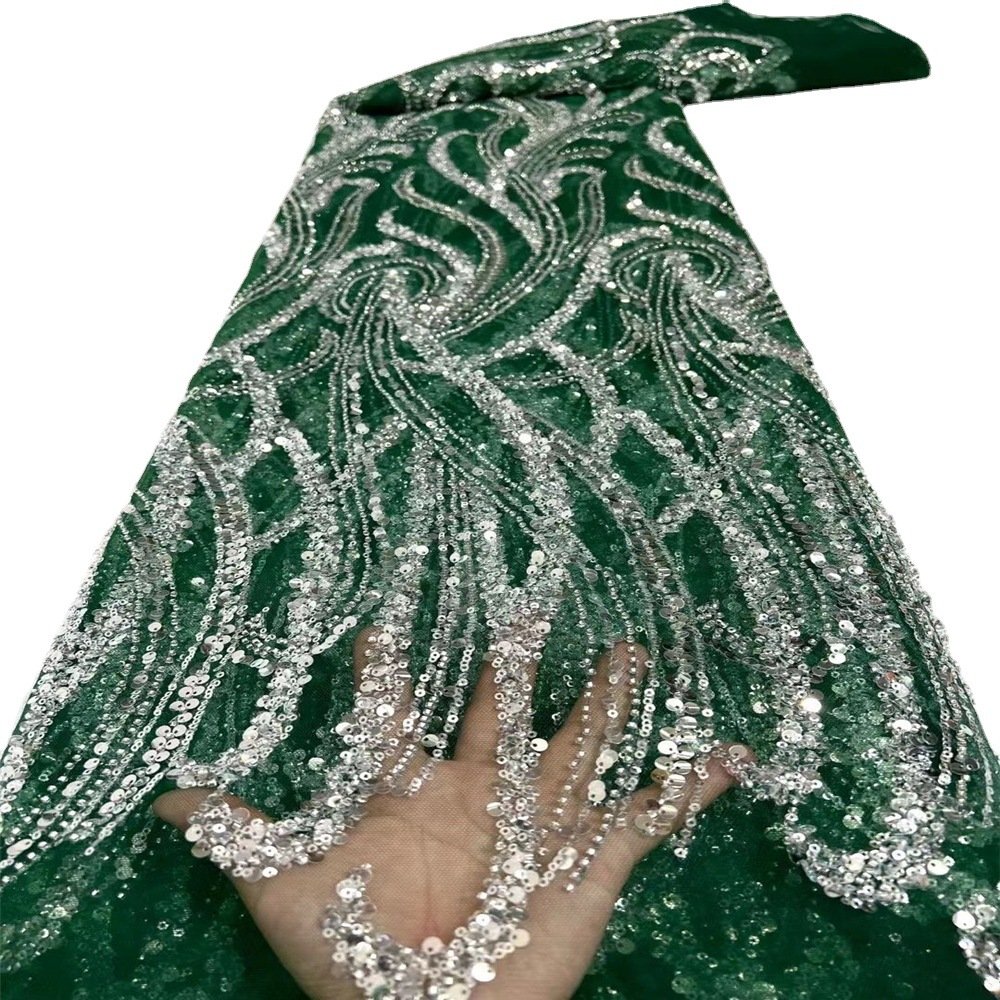 Luxury beaded lace fabric beaded and sequins lace fabric bridal beautiful green fabric for dress