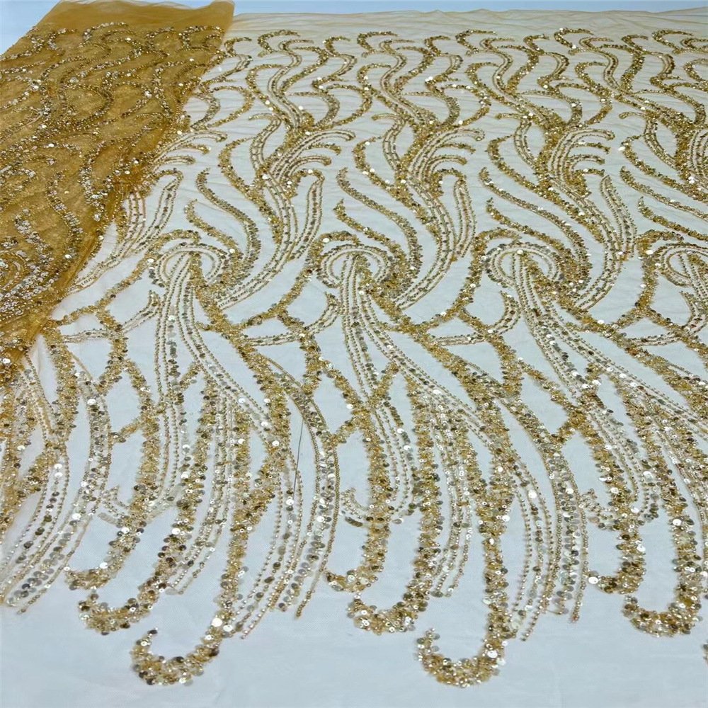 Luxury beaded lace fabric beaded and sequins lace fabric bridal beautiful green fabric for dress