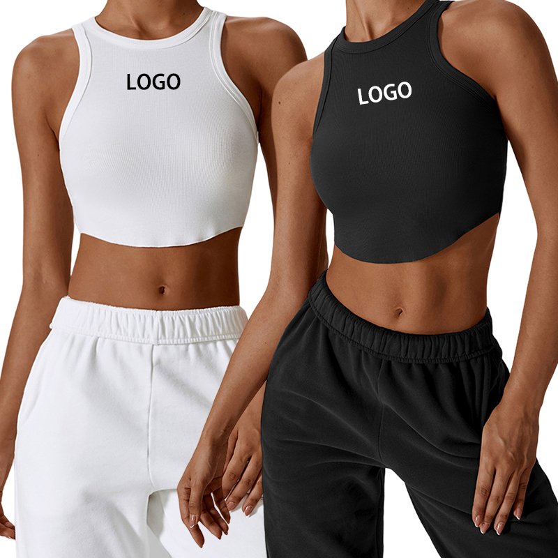 ODM OEM Custom Logo Graphic Sports Gym Yoga Blank Ladies White Black Plain Basic Knit Ribbed Crop Tank Top Women