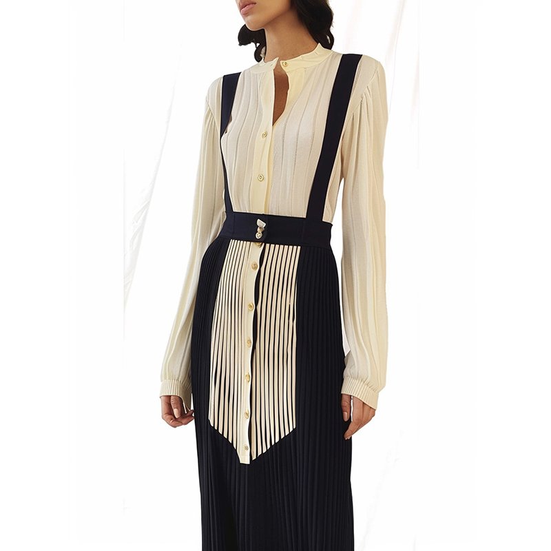 Custom OEM higher quality Womens Fashion New Design Round neck long contrast sleeves dress Ribbed knit dress with Button closure