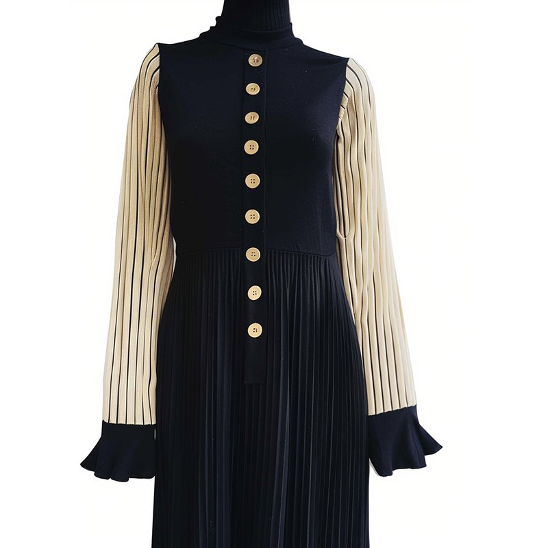 Custom OEM higher quality Womens Fashion New Design Round neck long contrast sleeves dress Ribbed knit dress with Button closure