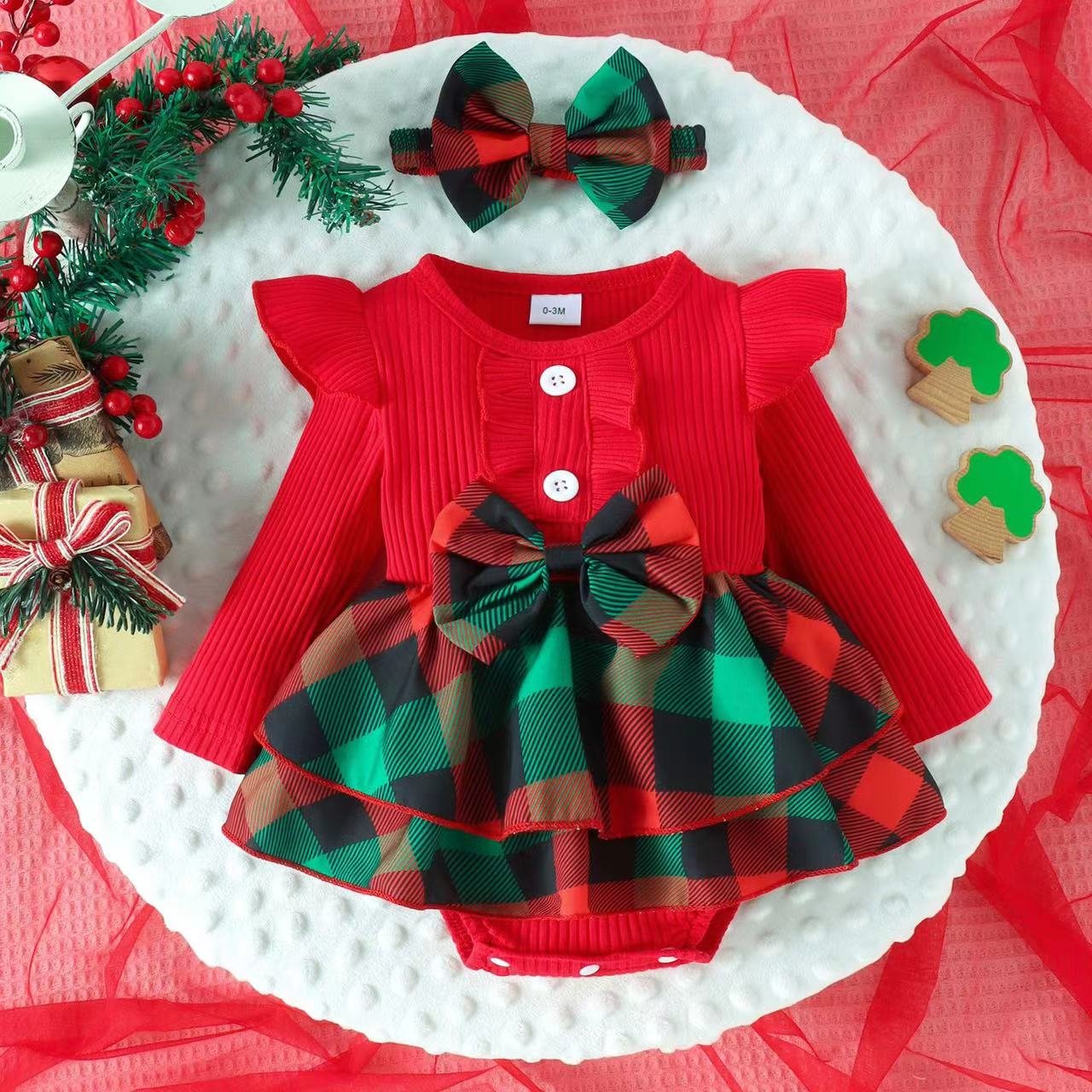 Hot Sale Infant Baby Girl Christmas Outfit Long Sleeve Knit Ribbed Romper Dress Tutu Plaid Skirt Ruffle Bodysuit Set Adorable