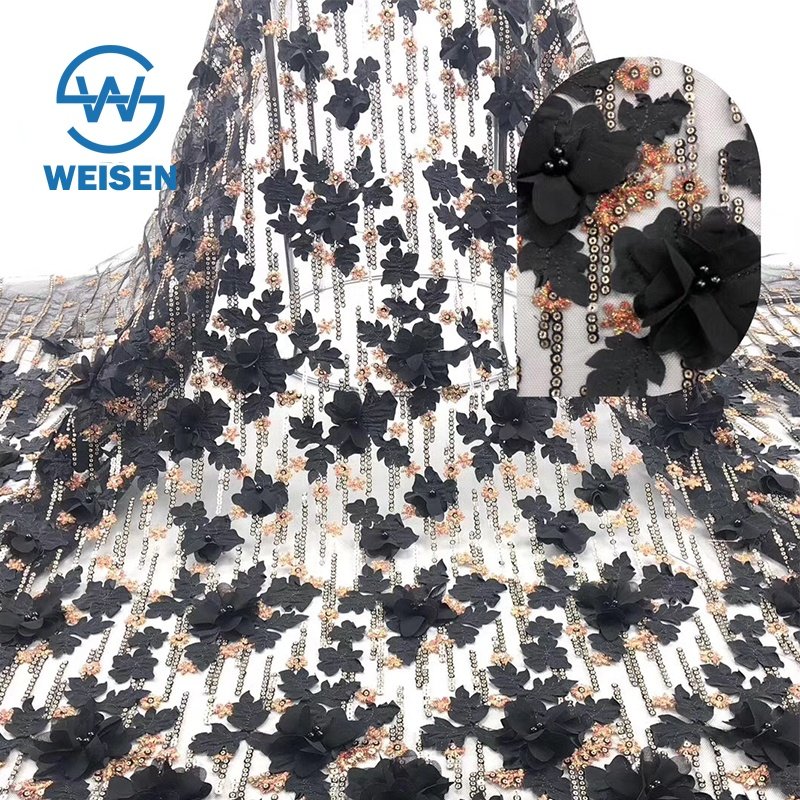 3D Sequin Flower Mesh Dress French Wholesale Yellow Embroidery Lace Fabric