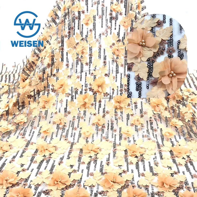 3D Sequin Flower Mesh Dress French Wholesale Yellow Embroidery Lace Fabric