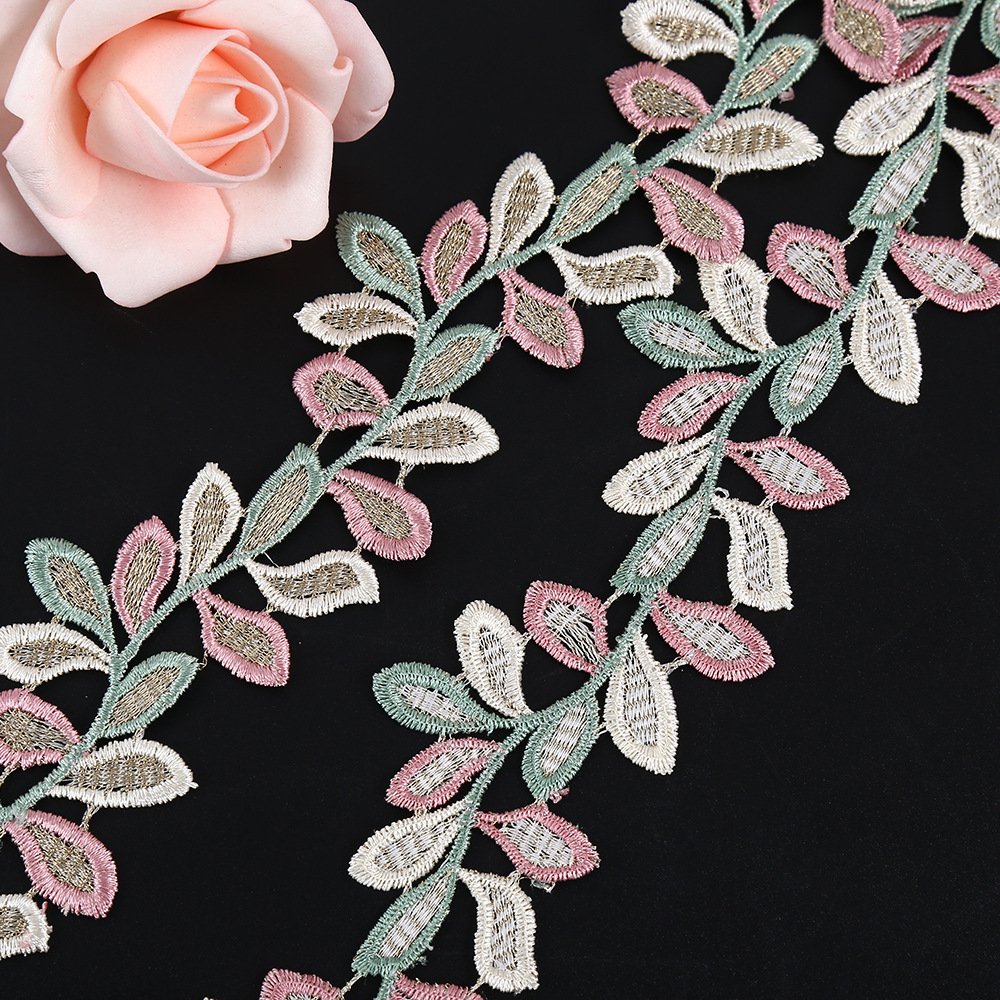 Width 4.3 cm water soluble 4 color Leaves Silk Ribbon Polyester embroidery metallic Leaves lace For Garment home textile