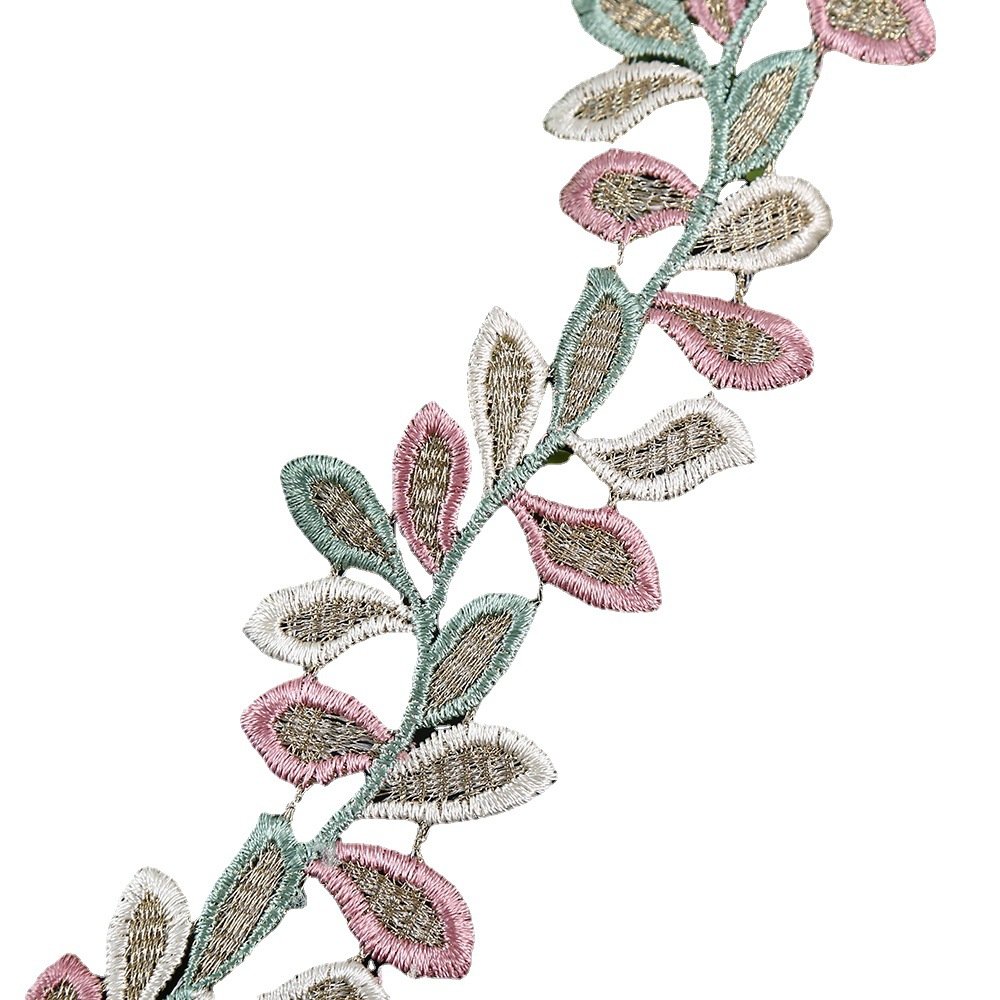 Width 4.3 cm water soluble 4 color Leaves Silk Ribbon Polyester embroidery metallic Leaves lace For Garment home textile
