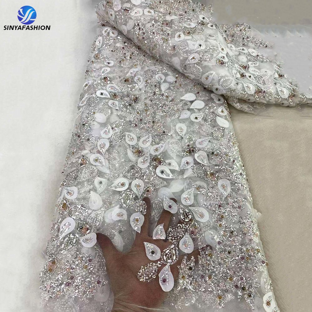 Sinya Latest African 3D Lace Fabric Laser Embroidery Wedding Bridal Luxury Sequins Diamond Beads Lace Fabrics For Women