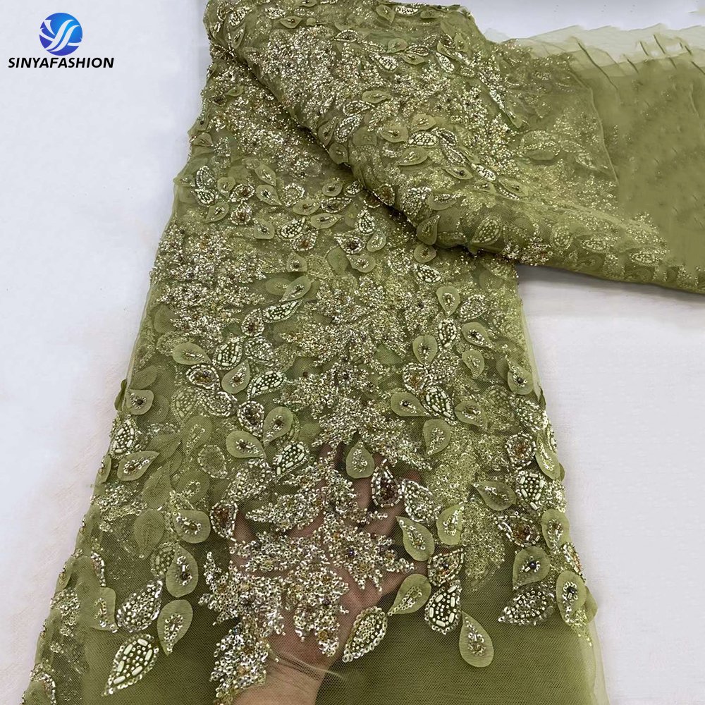 Sinya Latest African 3D Lace Fabric Laser Embroidery Wedding Bridal Luxury Sequins Diamond Beads Lace Fabrics For Women