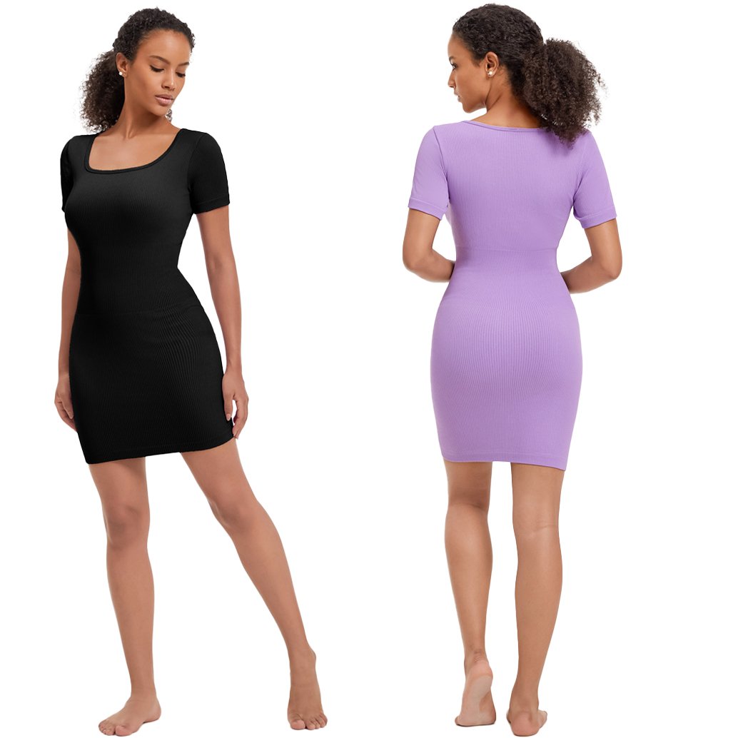 Custom Design New Arrival Women's Luxury Rib Knit Sexy Tight Long Pencil Maxi Dress with Short Sleeve Square Neck Bodycon Design