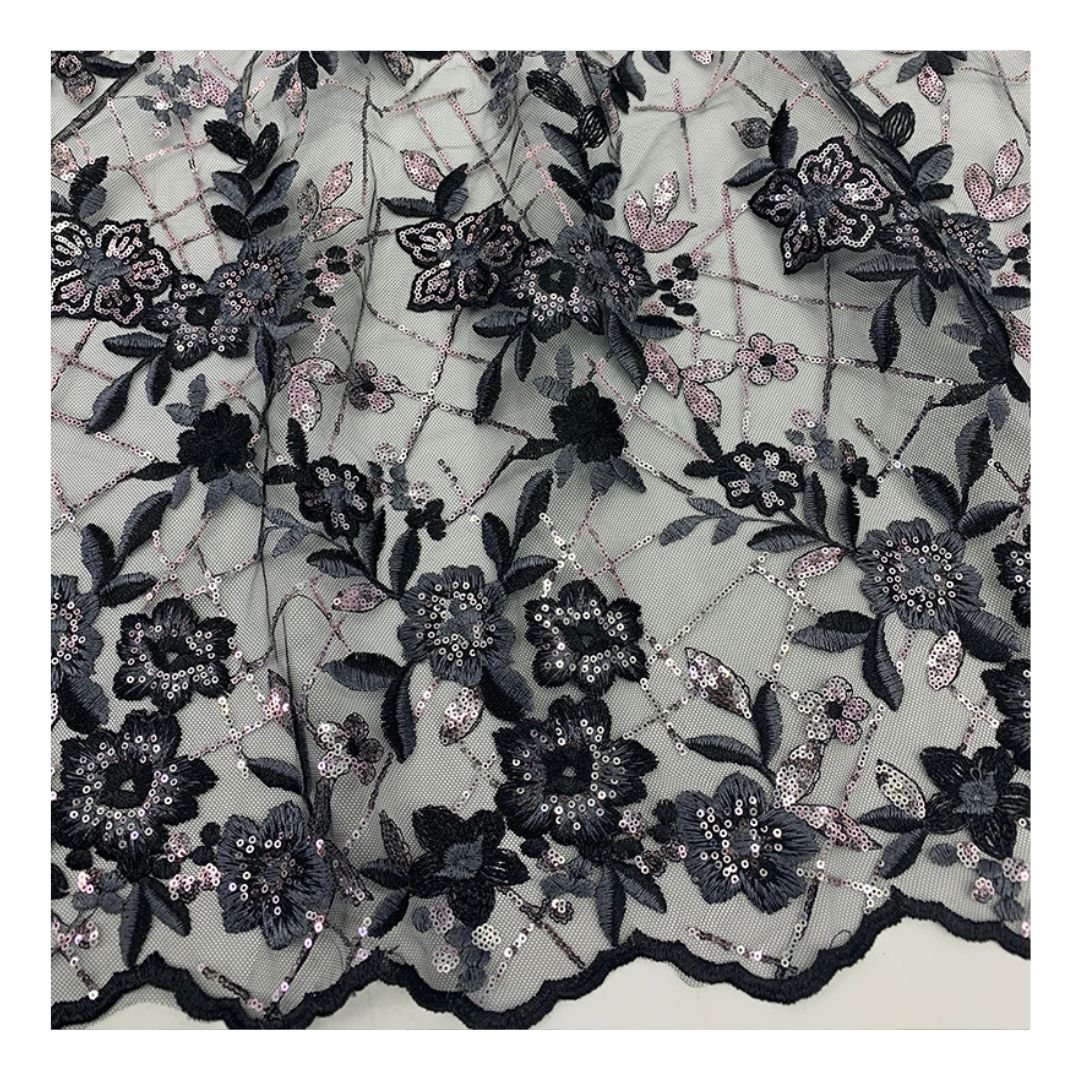 Elegant Multi-colored Polyester Floral Embroidery Sequin Tulle Lace Fabric 100% Polyester Mesh for Pary Dress SS210421-SQ12