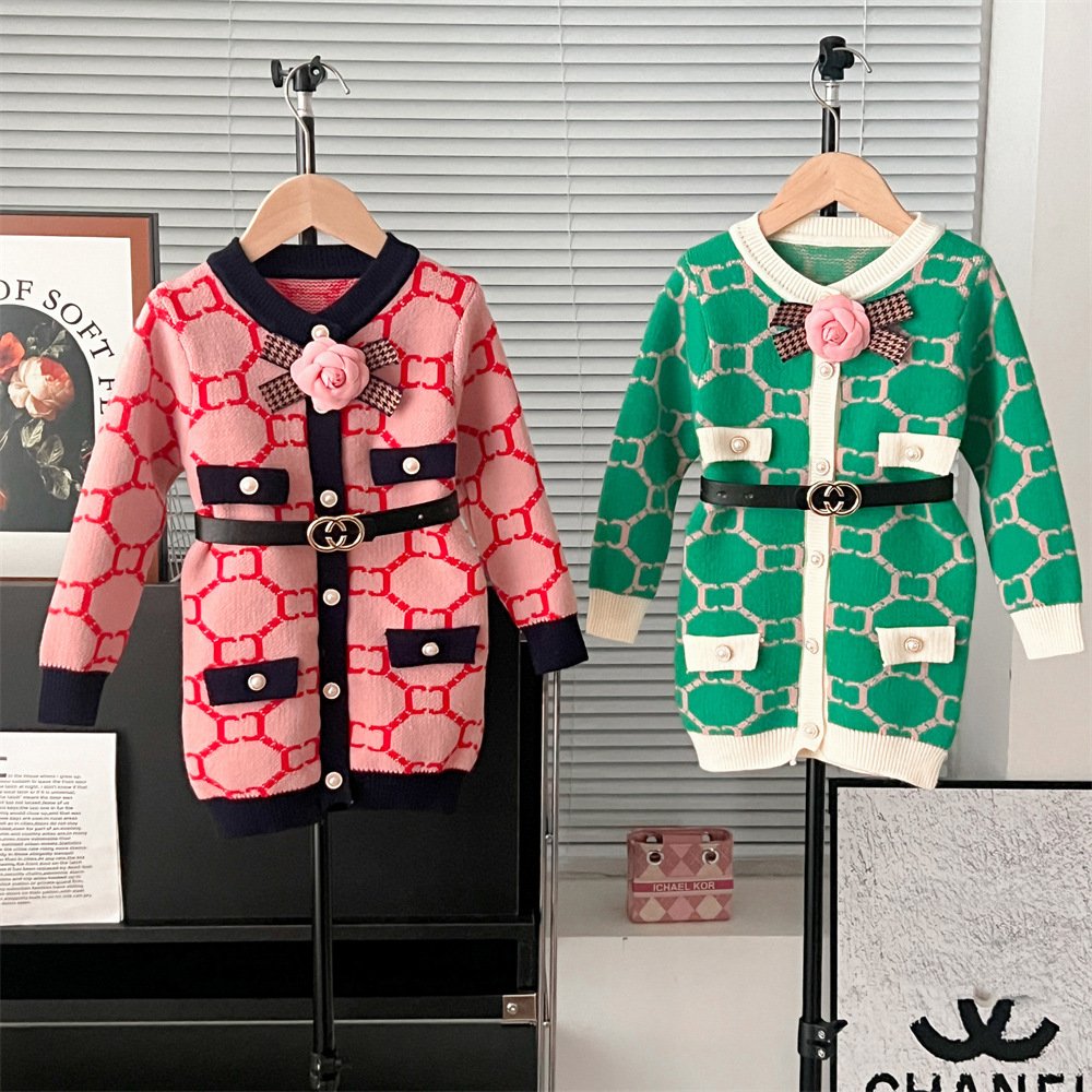 2024 RTS girls' sweater dress autumn and winter New long sleeve Korean knitted children's sweater Princess dress with belt