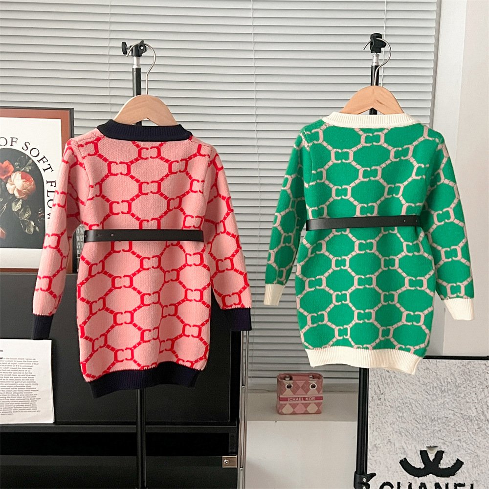 2024 RTS girls' sweater dress autumn and winter New long sleeve Korean knitted children's sweater Princess dress with belt