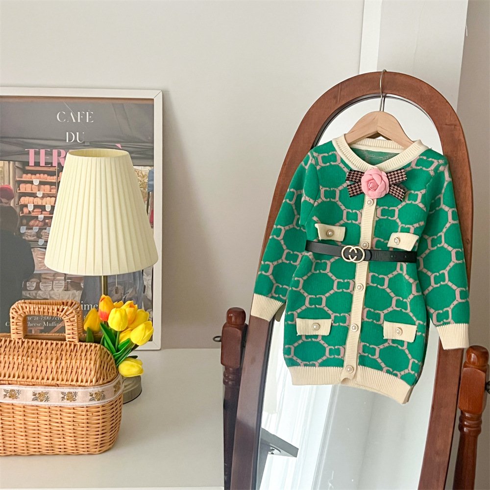2024 RTS girls' sweater dress autumn and winter New long sleeve Korean knitted children's sweater Princess dress with belt