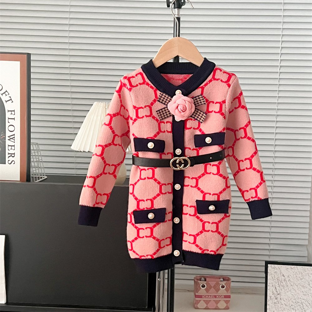 2024 RTS girls' sweater dress autumn and winter New long sleeve Korean knitted children's sweater Princess dress with belt