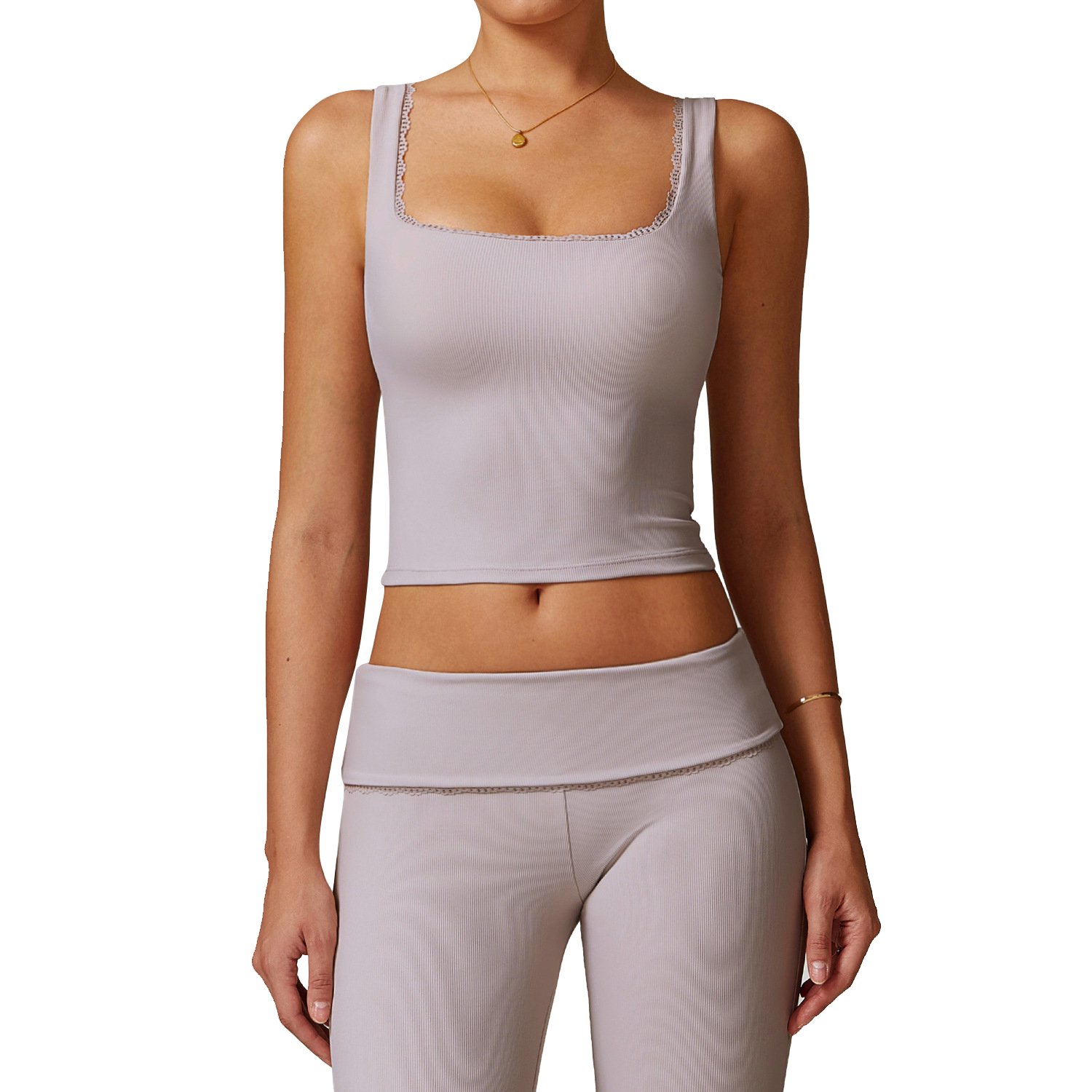 Women's Comfortable Soft Compression Lace Square Neck Fitness Tank Tops Quick Dry Seamless Crop Top Vintage Gym Vest Short Mesh