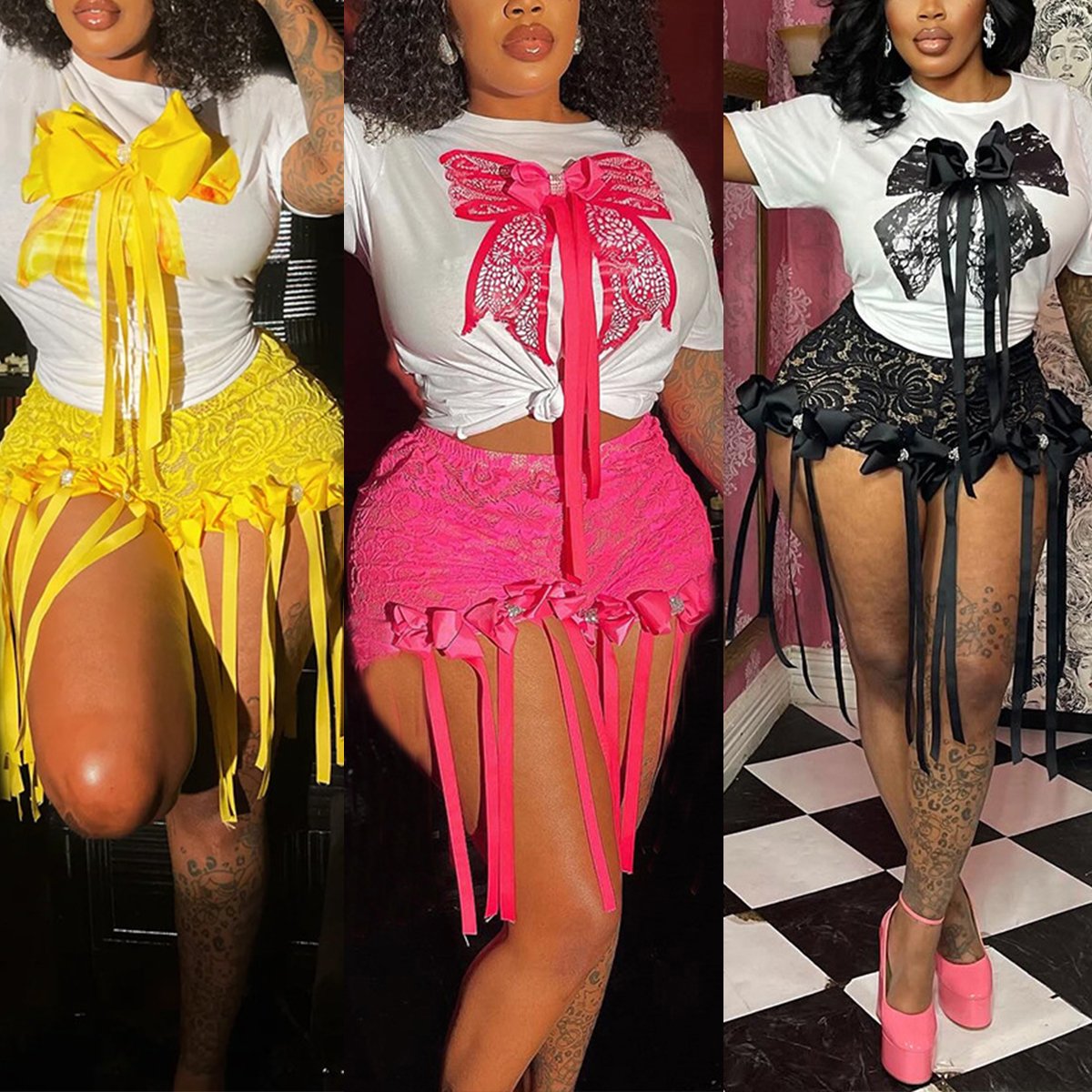 New Trendy Summer Women Sets Bow Shirt Top Lace Shorts 2 Piece Cute Sets Sexy Club Two Piece Lace Shorts Sets For Women Clothing
