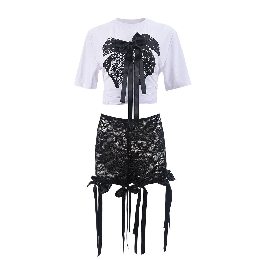 New Trendy Summer Women Sets Bow Shirt Top Lace Shorts 2 Piece Cute Sets Sexy Club Two Piece Lace Shorts Sets For Women Clothing