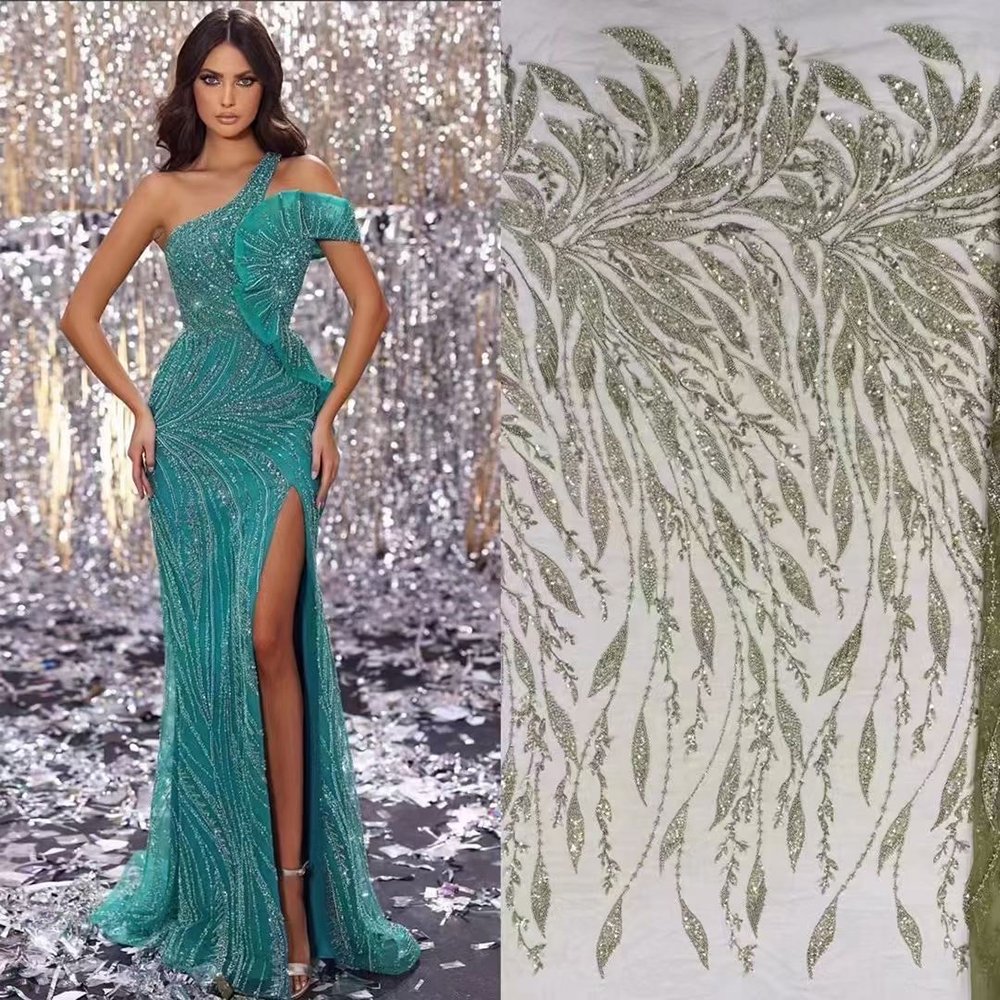 Fashion Design African Lace Fabric With Beads And Sequin 5 Yards French Tulle Wedding Lace Fabric Heavy Beaded