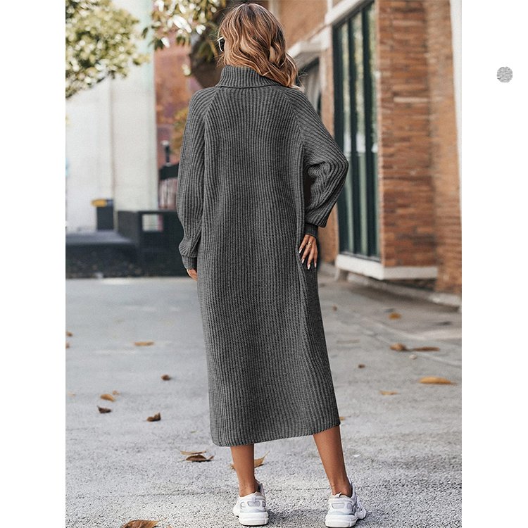 Autumn High Quality Oversize Rib Knitted Turtleneck Raglan Sleeves Women Sweater Dress