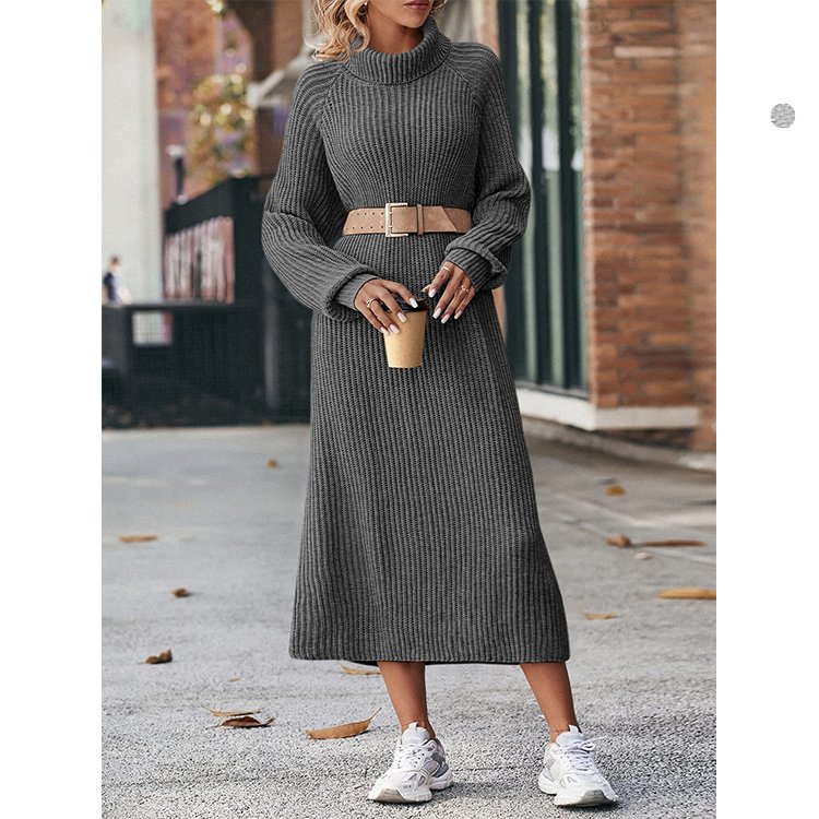 Autumn High Quality Oversize Rib Knitted Turtleneck Raglan Sleeves Women Sweater Dress
