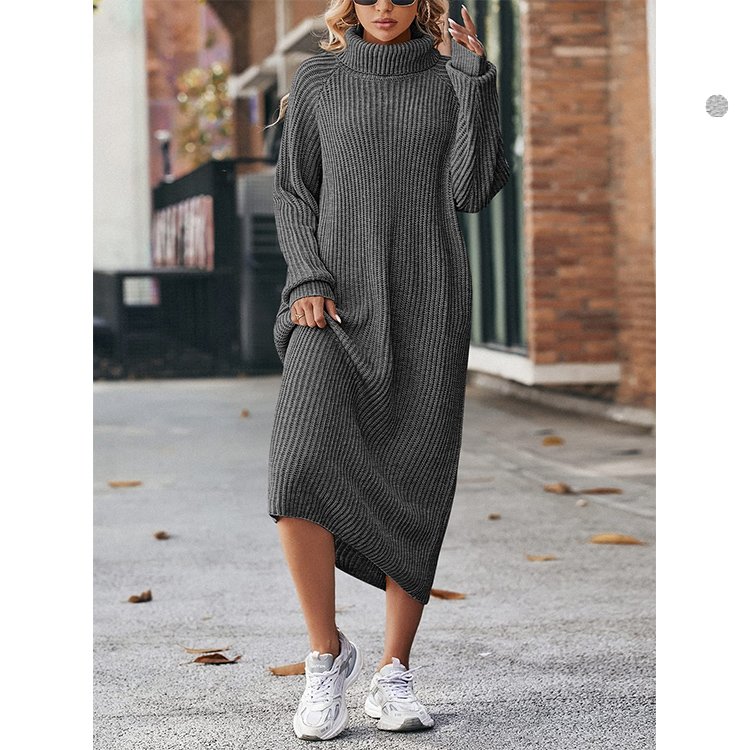 Autumn High Quality Oversize Rib Knitted Turtleneck Raglan Sleeves Women Sweater Dress