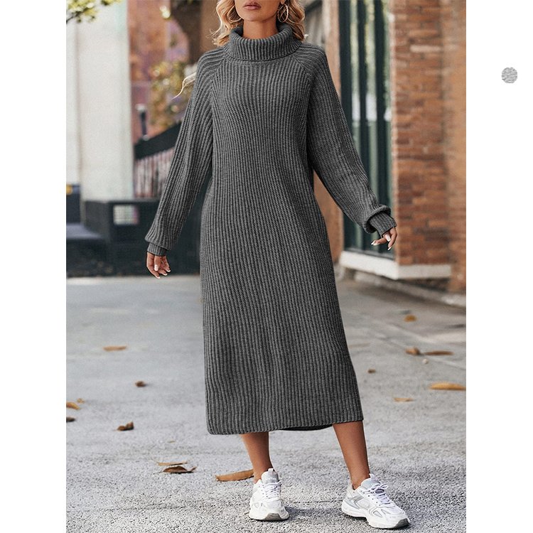 Autumn High Quality Oversize Rib Knitted Turtleneck Raglan Sleeves Women Sweater Dress