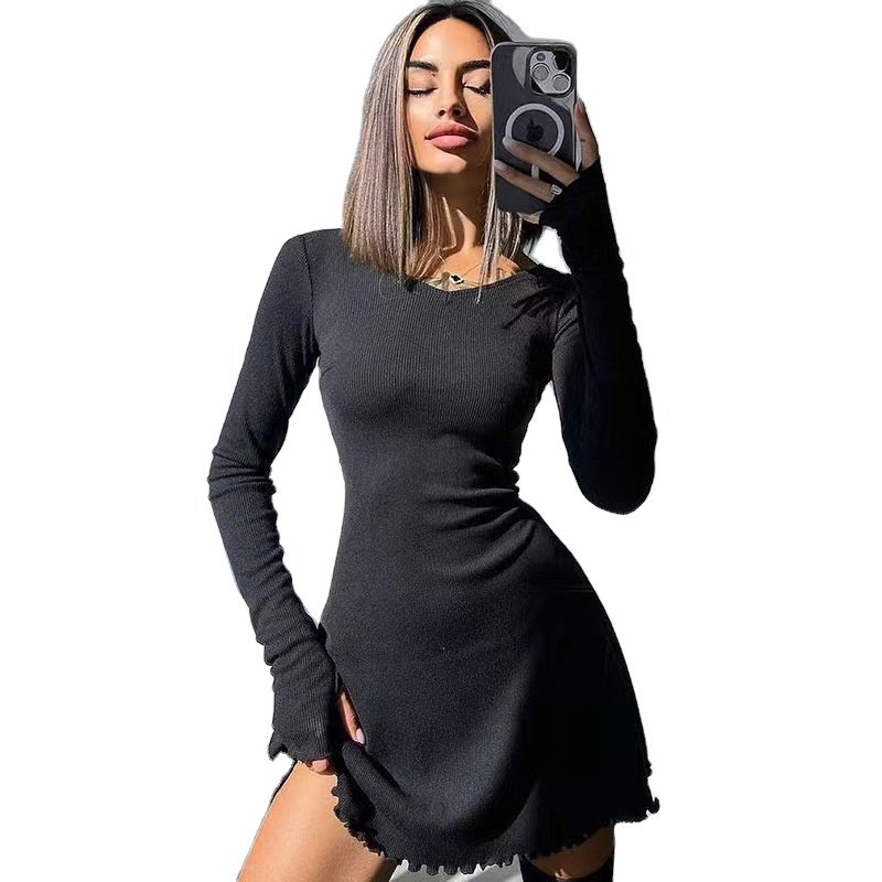 Crew neck long sleeve rib knit slim stretch sexy tight mini dress for autumn