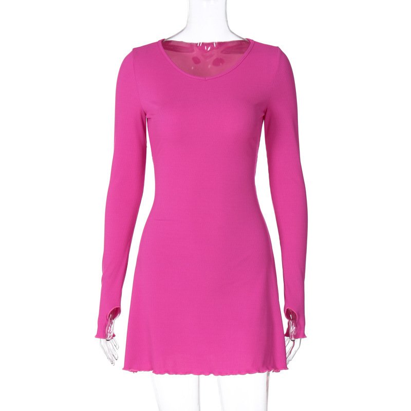 Crew neck long sleeve rib knit slim stretch sexy tight mini dress for autumn