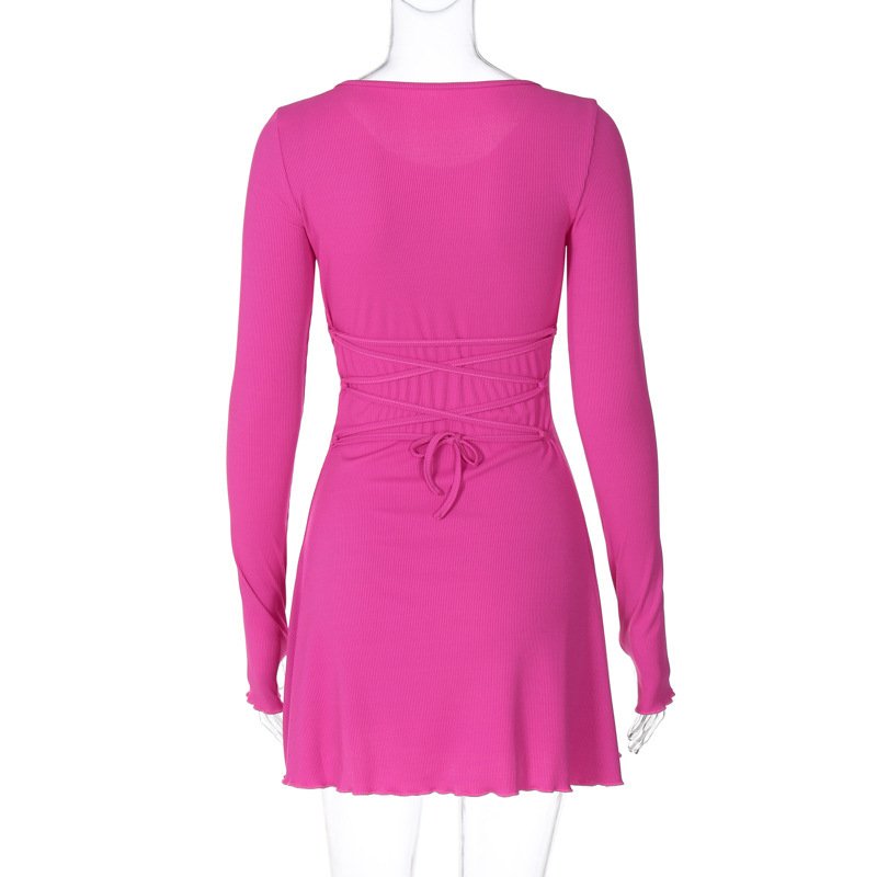 Crew neck long sleeve rib knit slim stretch sexy tight mini dress for autumn