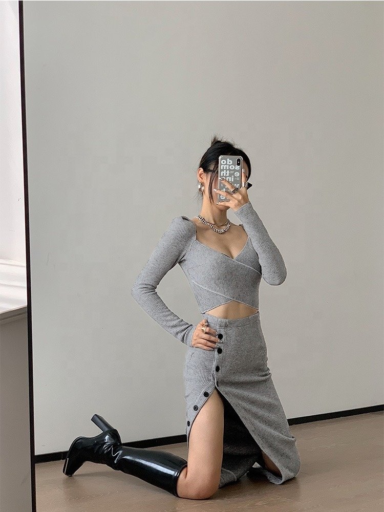Long-sleeved autumn and winter ribbed tights sexy casual knitted cotton sweater two-piece set ladies clothing skirt