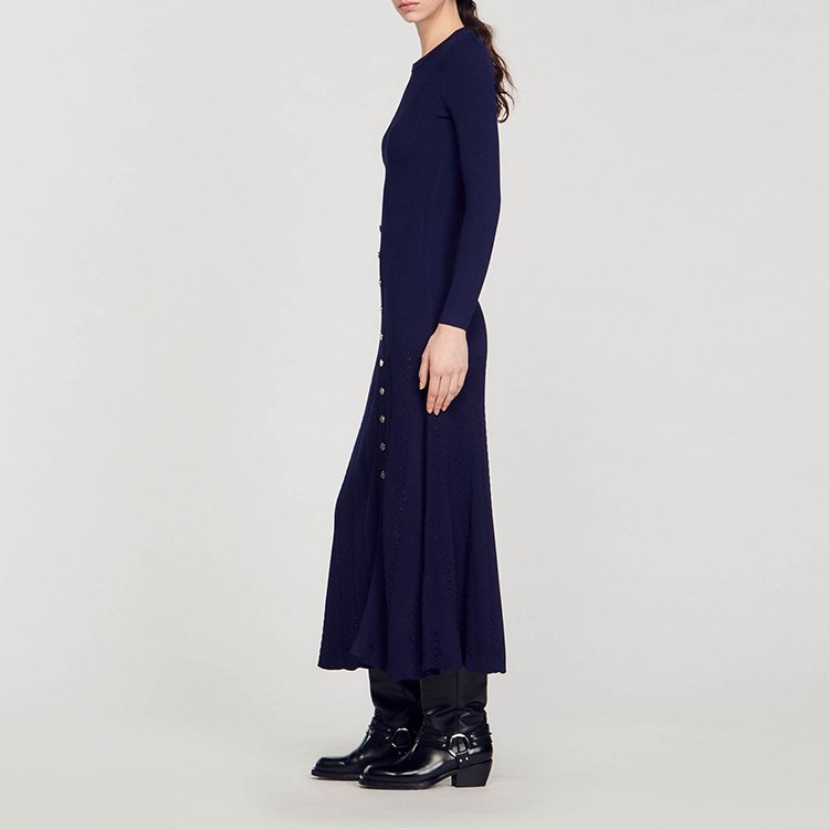 Knitwear Manufacturer Custom Spring Autumn Blue crew Neck Long Sleeve Women Ribbed Knit Sweater Midi Dress
