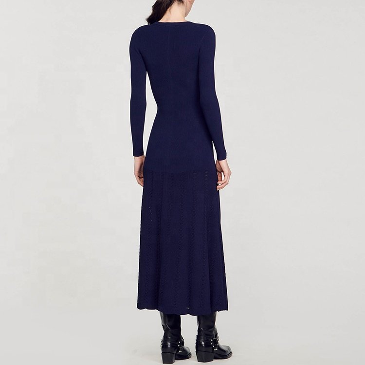 Knitwear Manufacturer Custom Spring Autumn Blue crew Neck Long Sleeve Women Ribbed Knit Sweater Midi Dress