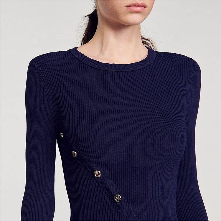 Knitwear Manufacturer Custom Spring Autumn Blue crew Neck Long Sleeve Women Ribbed Knit Sweater Midi Dress