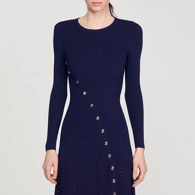 Knitwear Manufacturer Custom Spring Autumn Blue crew Neck Long Sleeve Women Ribbed Knit Sweater Midi Dress