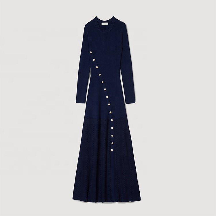 Knitwear Manufacturer Custom Spring Autumn Blue crew Neck Long Sleeve Women Ribbed Knit Sweater Midi Dress
