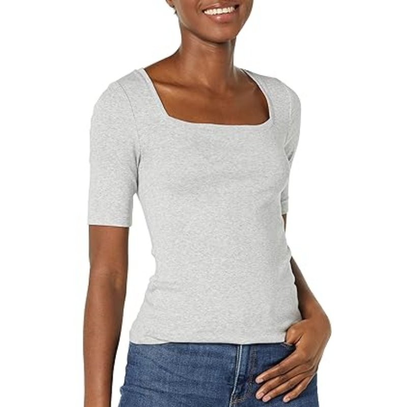 Square rib neck slim fit half sleeve elastic casual daily wear stretchy custom plain women's t-shirts