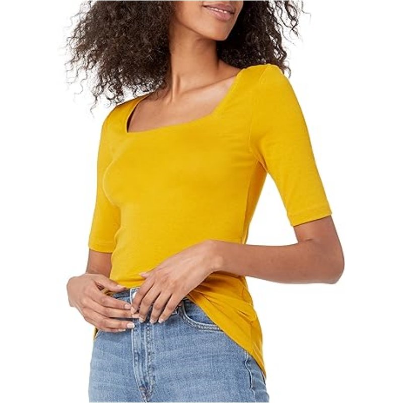 Square rib neck slim fit half sleeve elastic casual daily wear stretchy custom plain women's t-shirts