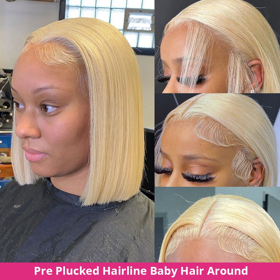 Cheap Pre Pluck Brazilian Short Bone Straight Blonde 613 Full Hd Transparent Lace Front Human Hair Bob Wigs For Black Women