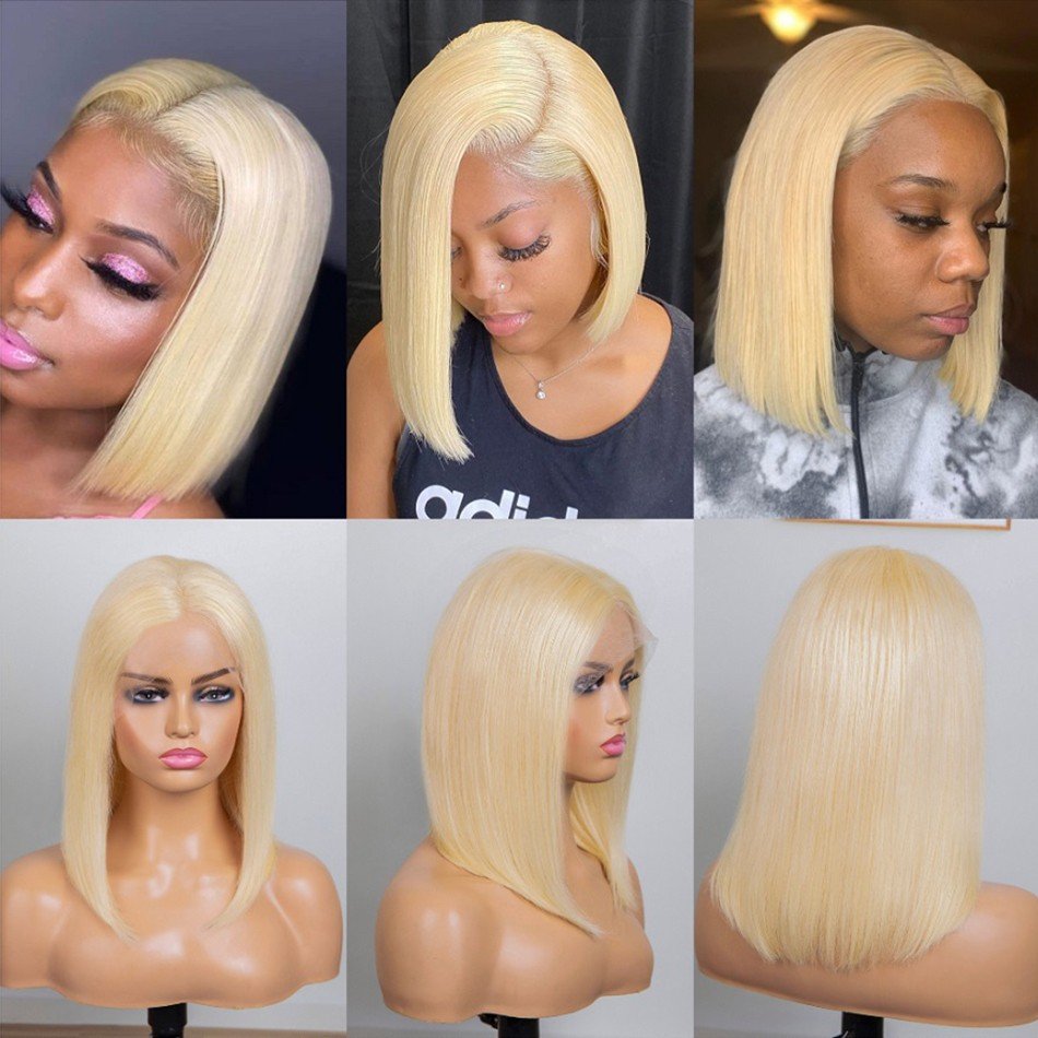 Cheap Pre Pluck Brazilian Short Bone Straight Blonde 613 Full Hd Transparent Lace Front Human Hair Bob Wigs For Black Women