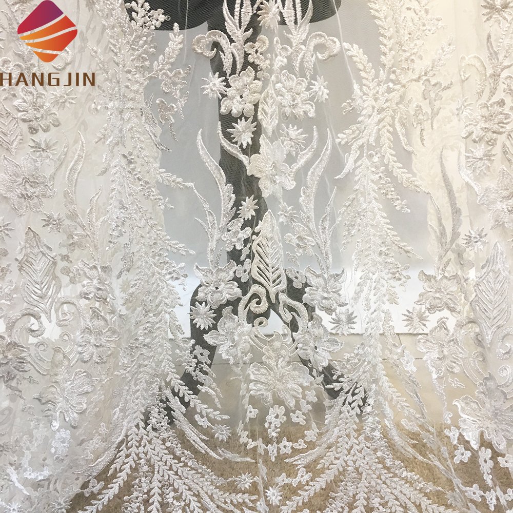 Good Quality 3D Beads Flower French Lace Fabric Bridal Crystal Sequins Heavy Beaded Fabric For Wedding Dress