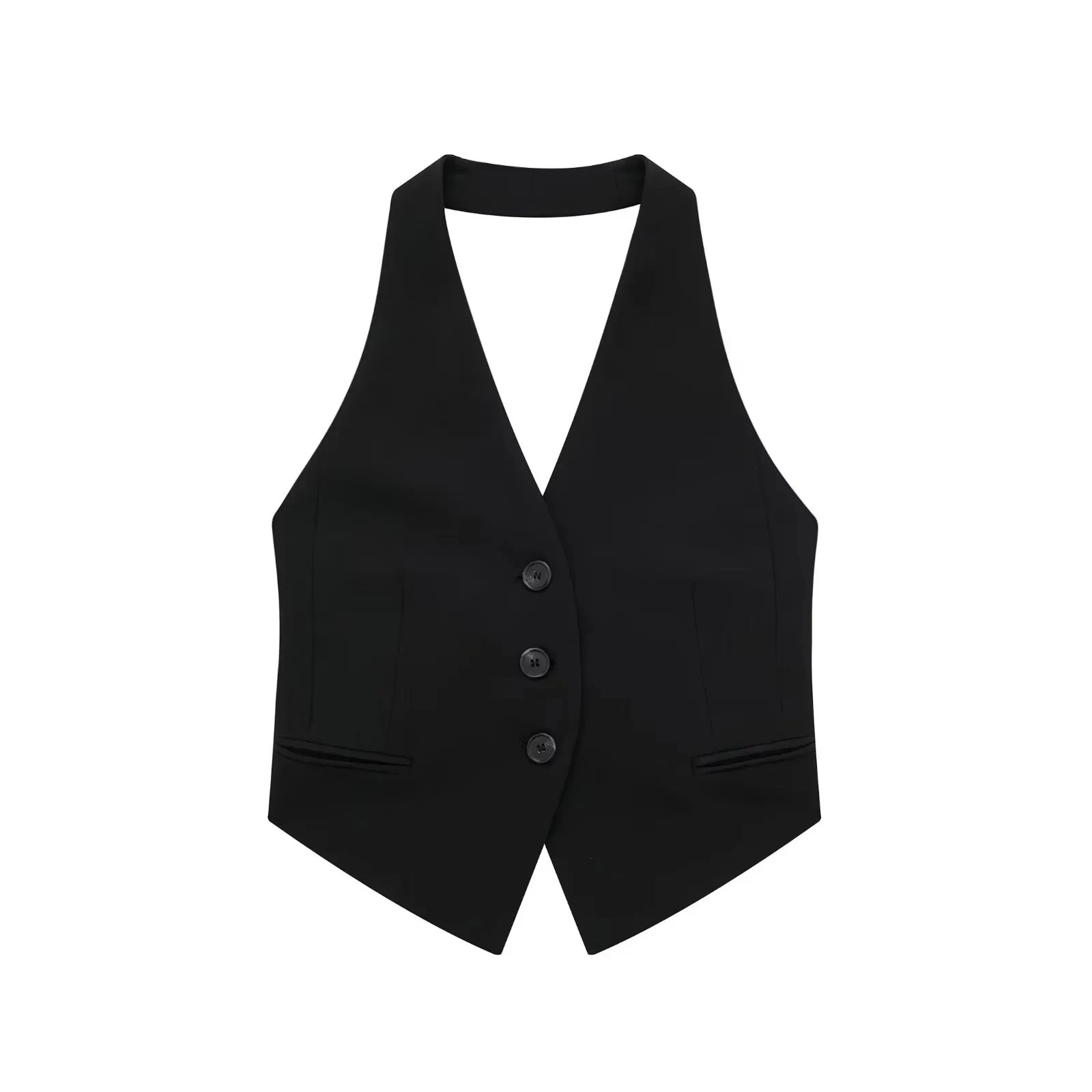 TRAFZA Summer Women Halter Collar Waistcoat Vest Street Style Sexy Lacing With Halter Button Sleeveless Top Vintage Solid Vests
